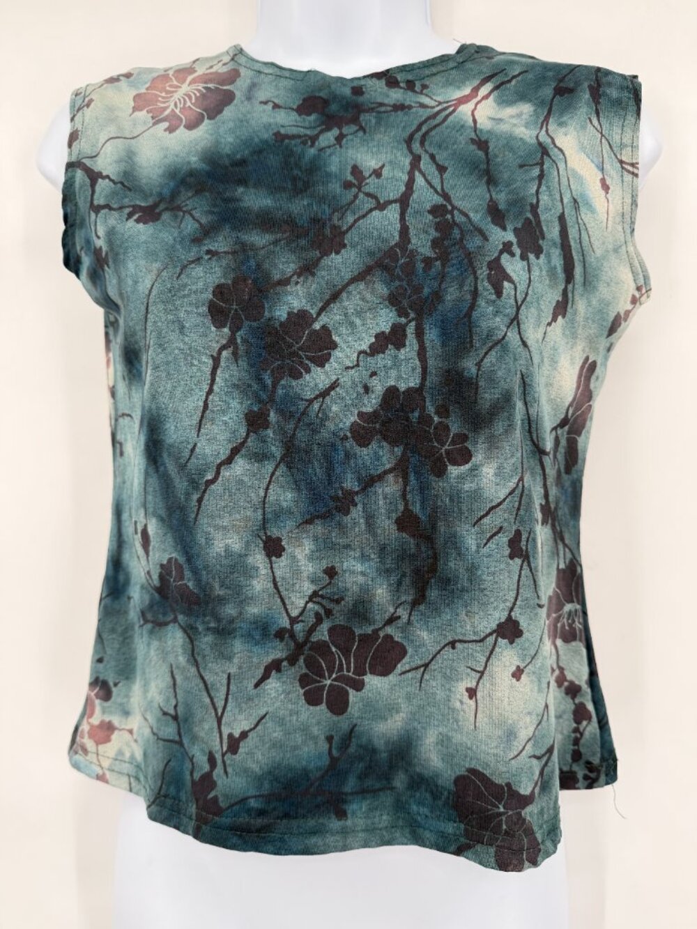 Fiore Women’s M Teal Botanical Floral Y2K Artsy Sleeveless Top Made USA